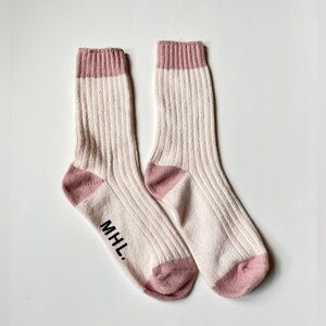 Margaret Howell MHL. Pink & Cream Ribbed Crew Socks
